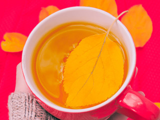 Cup of coffee, dry cracker cookies and dry leaves on an orange background. Autumn background, flat lay. Autumn composition. Autumn mood, top view. Cup of autumn coffee and yellow dry leaves.