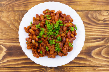 Traditional georgian kidney beans dish lobio on wooden table