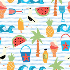 Vector background Beach icons flat seamless pattern 