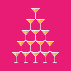 Cocktail glasses stacked in a pyramid tower