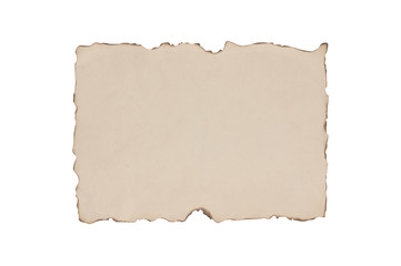 Single blank old dirty and burnt paper sheet isolated on white background