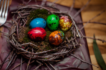 colorful Easter eggs quail in the nest