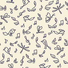 Doodle seamless background with notes of birds, butterflies. Vector illustration.