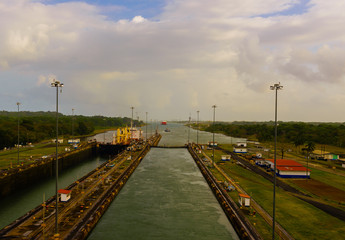 Fototapeta na wymiar Traveling through the Panama Canal locks on a Cruise Ship