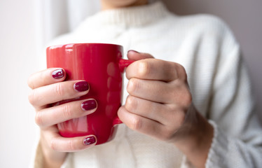 Young woman holds a cup with a hot drink in her hands.