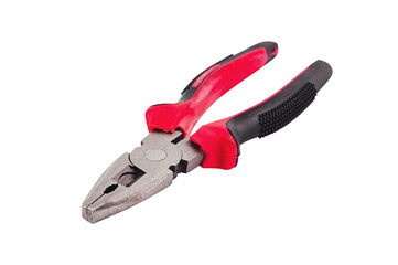 One new metal pliers with rubber handles black and red color isolated on white background. Repair or building concept