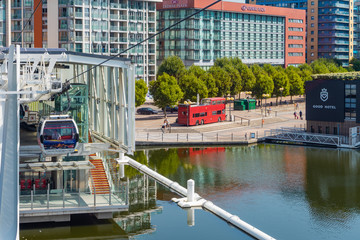 Emirates Air Line cable cars on thames river in London, UK