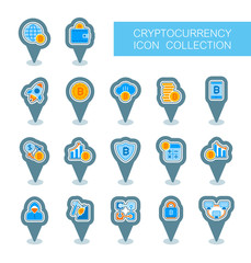 Cryptocurrency and blockchain pin map icons