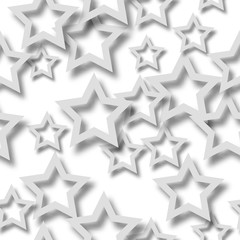 Abstract seamless pattern of randomly arranged gray stars with soft shadows on white background