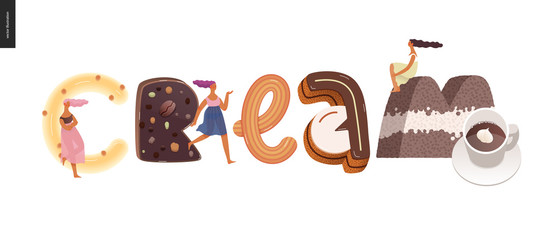 Dessert lettering - Cream - modern flat vector concept digital illustration of temptation font, sweet lettering and girls. Caramel, toffee, biscuit, waffle, cookie, cream and chocolate letters