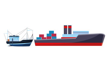Cargo ship with container boxes and fishing boat