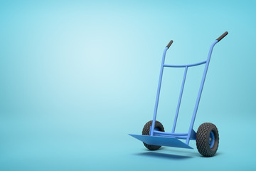 3d rendering of blue empty hand truck standing upright in half-turn on light-blue background with much copy space.