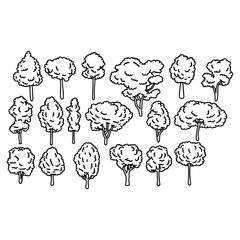 various kinds of tree set vector illustration sketch doodle hand drawn with black lines isolated on white background