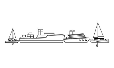 Cargo ship with container boxes cruiseship and sailboats black and white