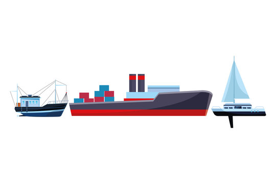 Cargo ship with container boxes fishing boat and sailboat