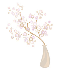 Romantic vase with a delicate cherry blossom. Exquisite petals and delicate floral fragrance. Decoration of a festive table and an excellent gift for a loved one. Vector illustration