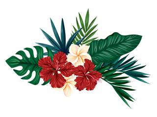 Hand drawn botanical illustration with hibiscus and frangipani flowers and tropical leaves, vector