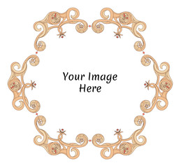 Round fantasy frame with floral and marine motifs. Hand drawn template design for image, photo and text. Rounded details, fancy abstract frame. Beige and brown colors.