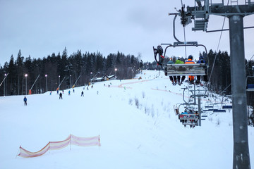 The ski slopes in the Carpathian mountains. Lifts near the Christmas trees.