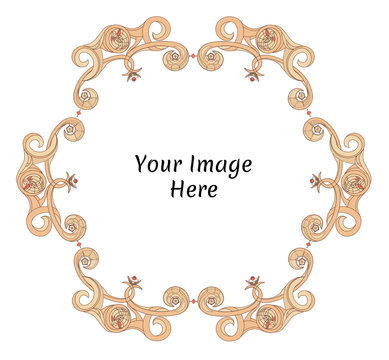 Round fantasy frame with floral and marine motifs. Hand drawn template design for image, photo and text. Rounded details, fancy abstract frame. Beige and brown colors.