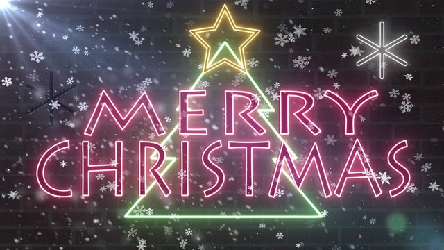 neon Merry christmas tree neon sign congratulation banner with star and snowflakes falling on brick wall background illustration New quality technology dynamic colorful holiday stock image