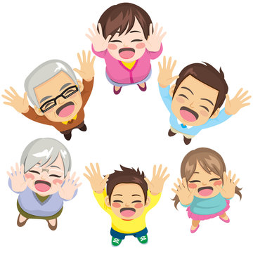 Three generation family of six members happy raising arms up in the air showing hands together