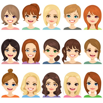 Set of cute girls with different hairstyles and hair color illustration face avatar collection