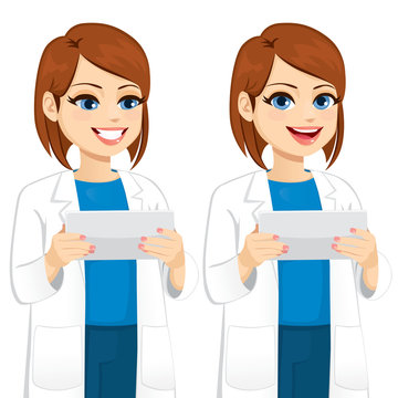 Female scientist holding and using tablet computer in two different poses looking to screen and front