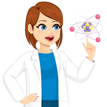 Female Scientist In Awe Touching Atom With Positive Amazed Face Expression