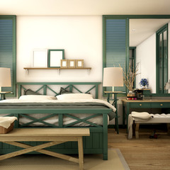 bedroom interior design in vintage style,3d iluustration,3d rendering