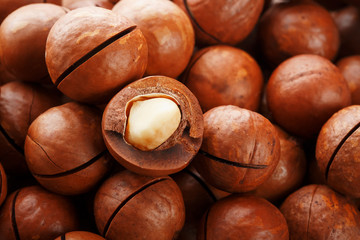 Macadamia nuts in large quantities in bulk in the form of the texture of fresh natural fruit...