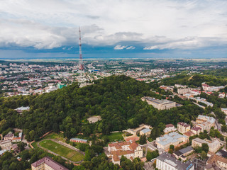 aerial view high castle in lviv city. copy space