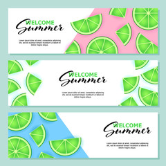 Welcome summer letterings set with lime slices. Tourism, summer offer or sale design. Handwritten and typed text, calligraphy. For leaflets, brochures, invitations, posters or banners.