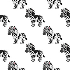 Happy zebra. Colored seamless pattern with cute cartoon character. Simple flat vector illustration isolated on white background. Design wallpaper, fabric, wrapping paper, covers, websites.