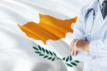 Cypriot Doctor standing with stethoscope on Cyprus flag background. National healthcare system...