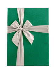 Top view green gift box with white ribbon isolated on white background, close up, design element