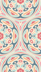 Modern fabric, textiles. Flower tracery, fishnet lines. Handmade painting. Bright seamless pattern in oriental style. Detail for design wallpaper, tile, packaging, background.