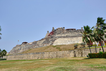 Scenic view of San Felipe fortress (Castillo de San Felipe de Barajas) in Cartagena de Indias - old historical town in Colombia. Beautiful summer sunny look of colonial fortress in South America