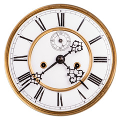 Victorian clock face with roman numeral isolated on white background