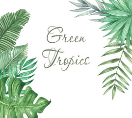  Watercolor tropical wreaths, compositions, illustrations, banners and frames. Tropical leaves and plants.Hawaii and tropical love. Violet and green bright tropics..