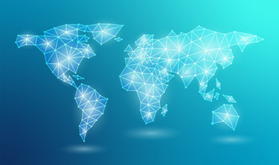 Fototapeta premium Abstract web world map in polygonal line. Global network connection in a triangular shape blue neon light. Vector stock illustration.