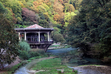 Fototapeta na wymiar Caucasus. Pavilion of an abandoned railway station in the gorge Psyrtsha.