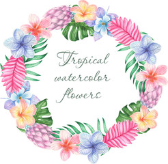  Watercolor tropical wreaths, compositions, illustrations, banners and frames. Tropical leaves and plants.Hawaii and tropical love. Violet and green bright tropics..