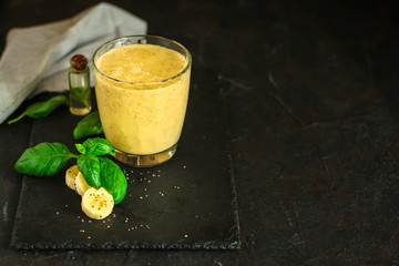 smoothies, banana, fruit, chia seeds and more - healthy food concept, cocktail. food background. top view