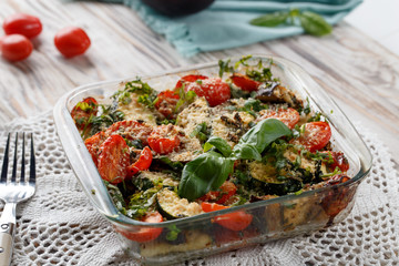 Healthy food. Vegetarian. Baked vegetables in the kitchen.