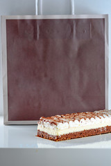 Beautiful Delicious dessert cake. Paper eco package for baking and cooking Ingredient with copy space mockup for text.