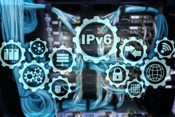 IPv6 Internet Protocol on server room background. Business Technology Internet and network concept.