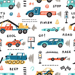 Vector Seamless Pattern with Doodle Toy Racing Cars, Heavy Construction Trucks and Traffic Signs. Cartoon Transportation Background for Kids.