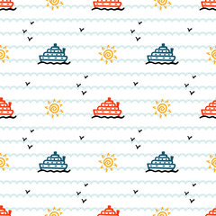 Fototapeta na wymiar Colorful Summer Vacation Vector Background for Kids. Cruise Ship Seamless Pattern. Hand Drawn Doodle Steamboat Sun and Birds Silhouettes
