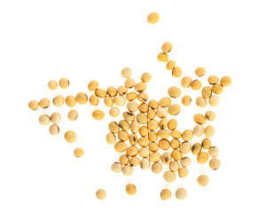 Soybeans isolated on white background, top view.